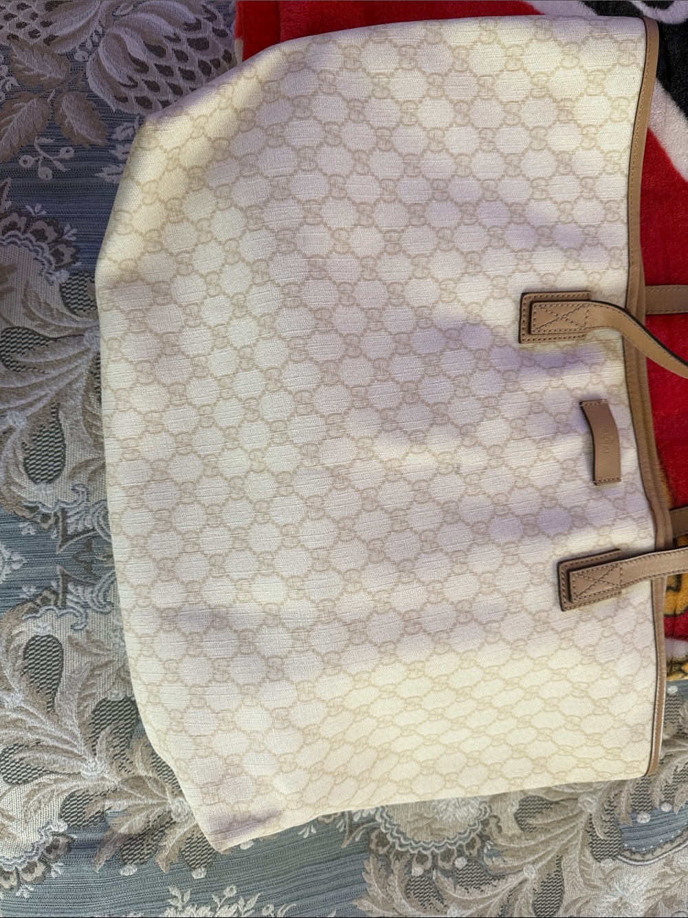 Gucci Cream Monogram Canvas Tote with Tan Trim